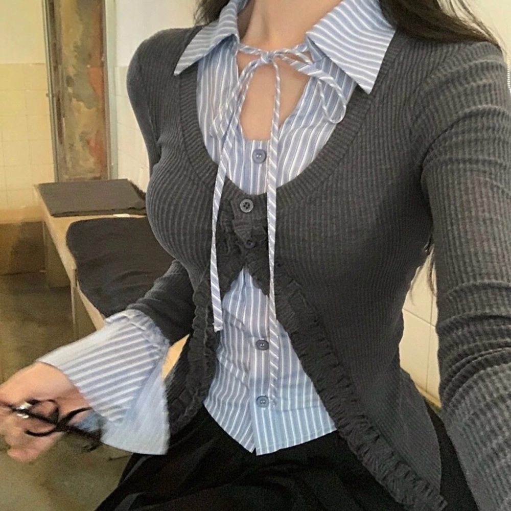 Gray Ribbed Cardigan with Blue Striped Blouse
